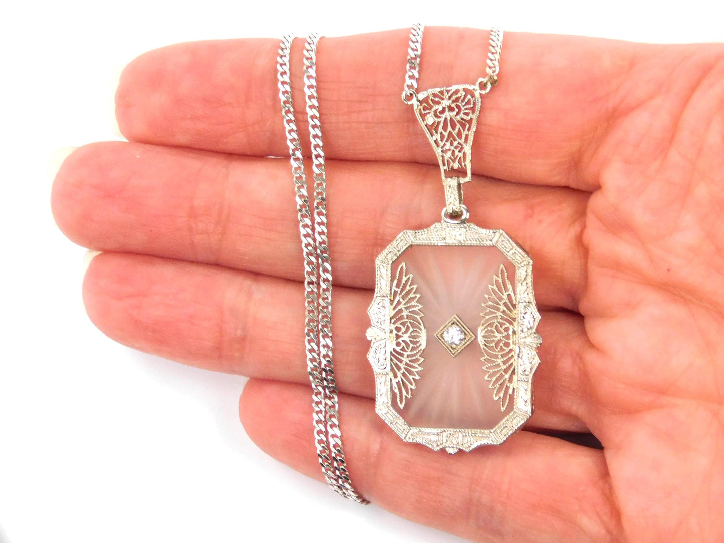 Art Deco Solid White Gold Rock Crystal Diamond Necklace 1930's-BelmarJewelers