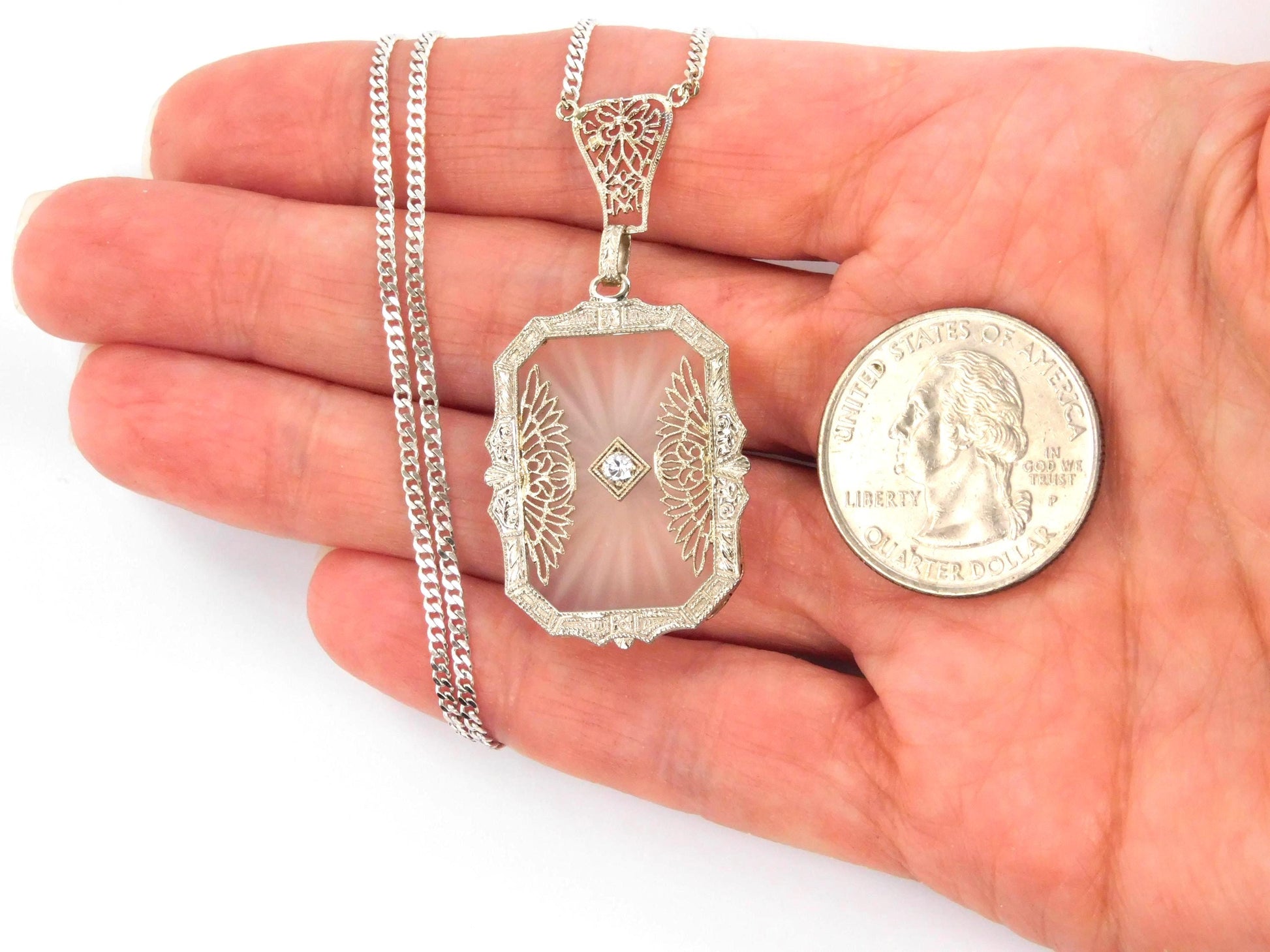 Art Deco Solid White Gold Rock Crystal Diamond Necklace 1930's-BelmarJewelers