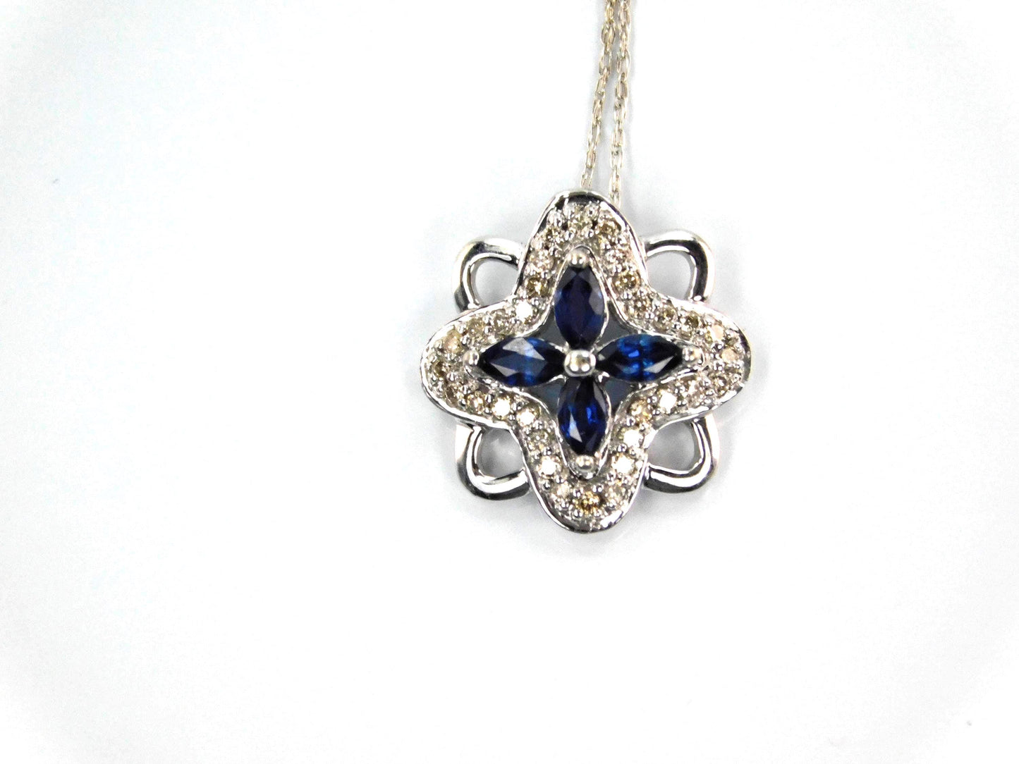 Vintage 14k White Gold Quatrefoil Sapphire Diamond Necklace, 18"-BelmarJewelers