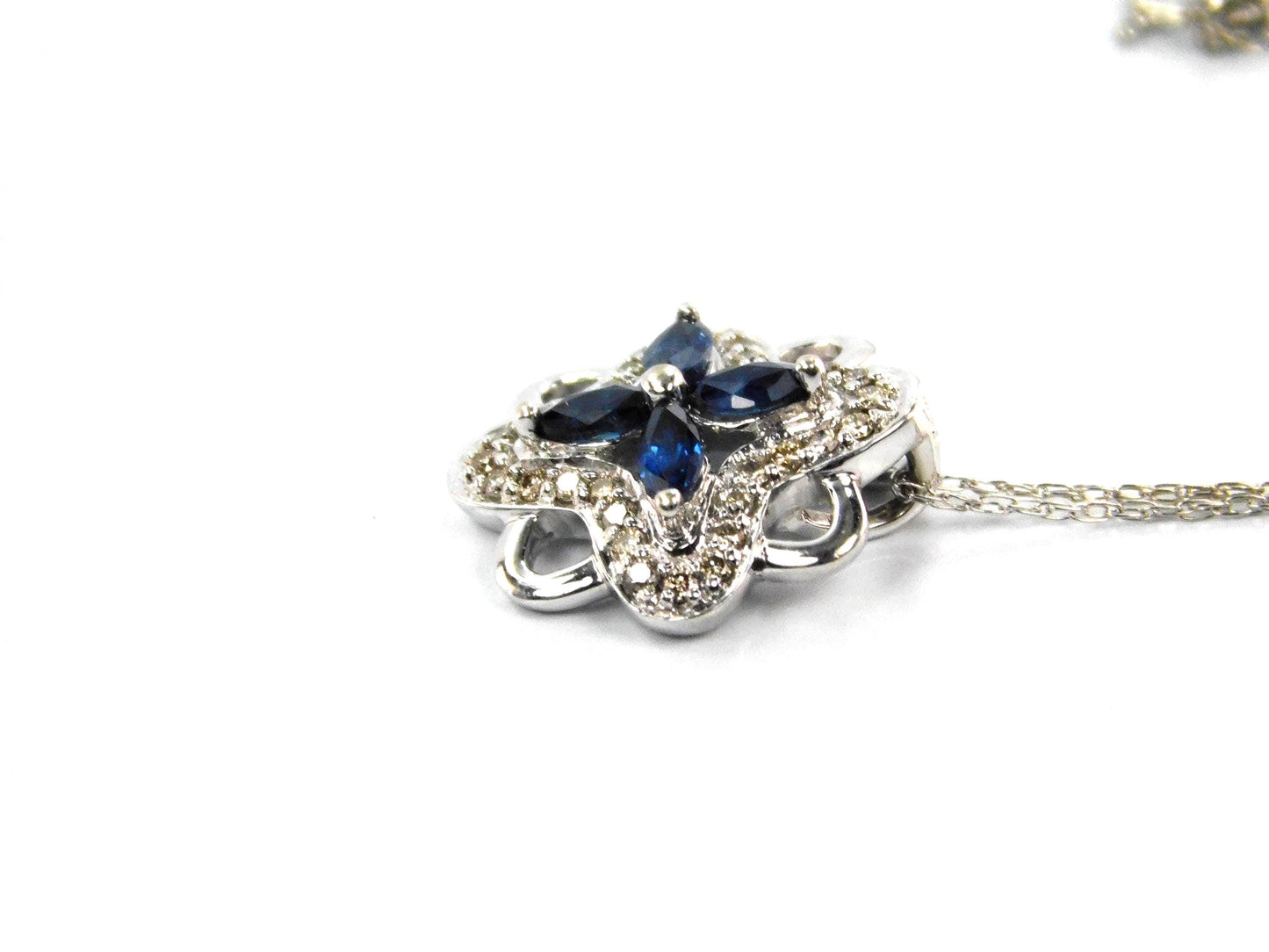 Vintage 14k White Gold Quatrefoil Sapphire Diamond Necklace, 18"-BelmarJewelers