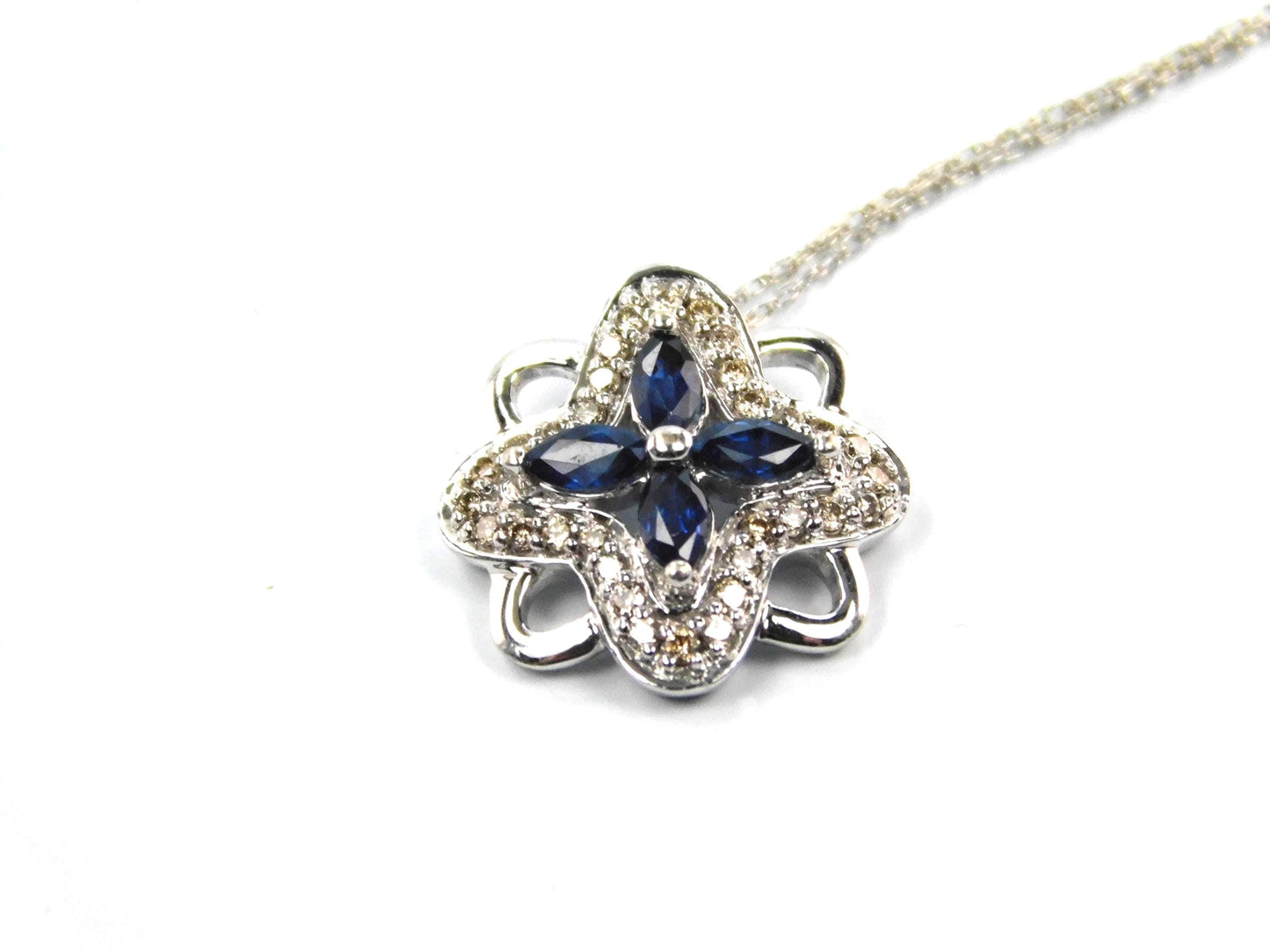 Vintage 14k White Gold Quatrefoil Sapphire Diamond Necklace, 18"-BelmarJewelers