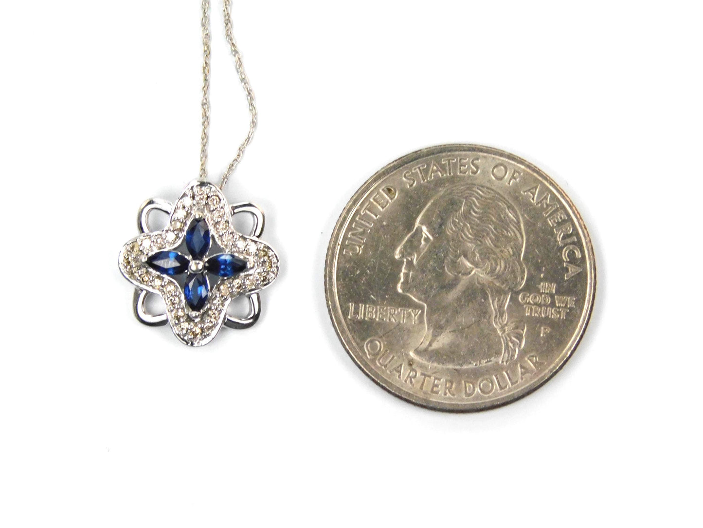 Vintage 14k White Gold Quatrefoil Sapphire Diamond Necklace, 18"-BelmarJewelers