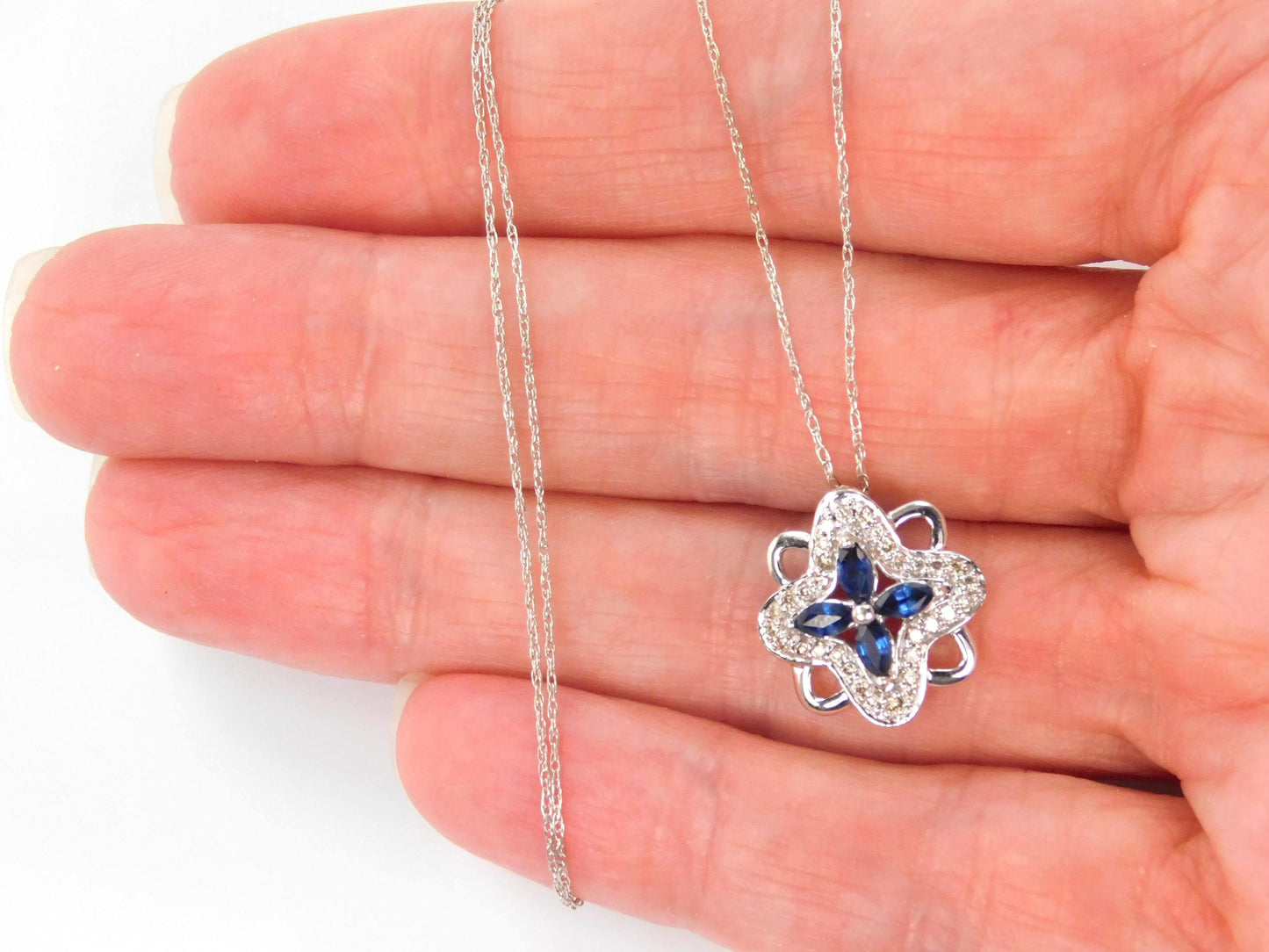 Vintage 14k White Gold Quatrefoil Sapphire Diamond Necklace, 18"-BelmarJewelers