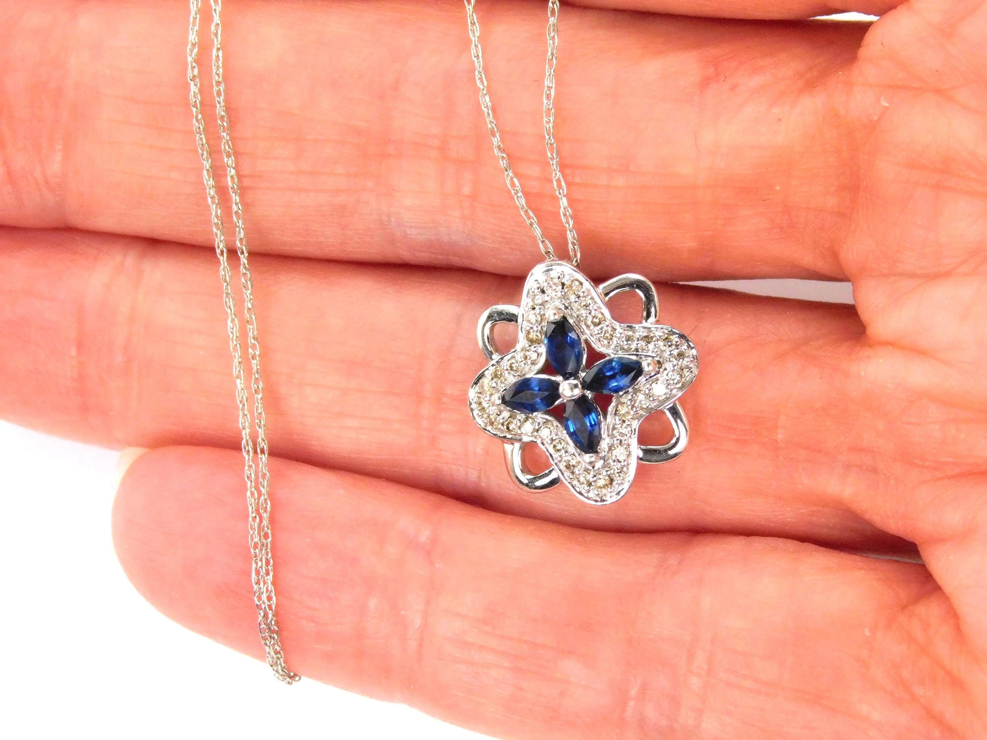 Vintage 14k White Gold Quatrefoil Sapphire Diamond Necklace, 18"-BelmarJewelers