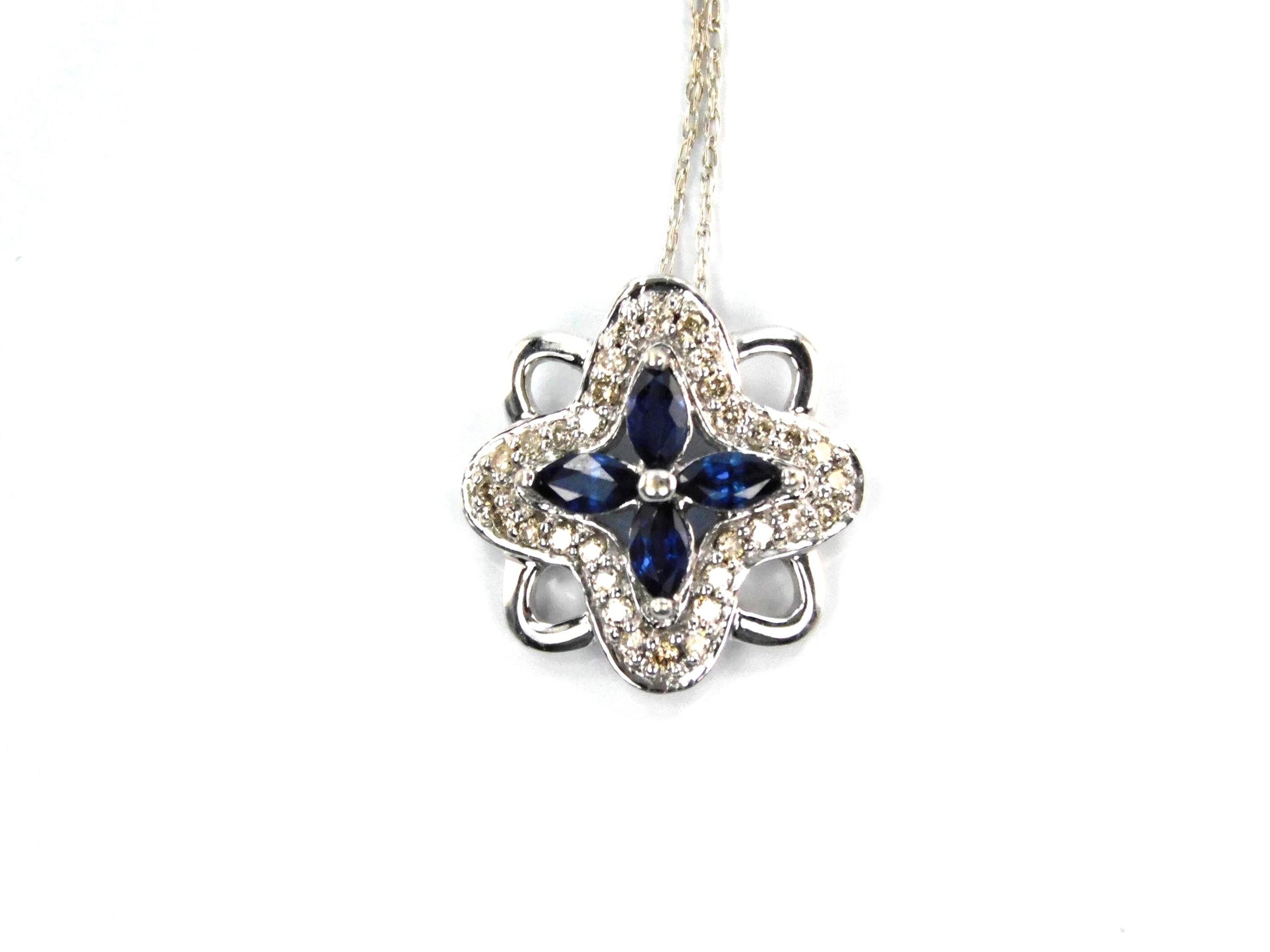 Vintage 14k White Gold Quatrefoil Sapphire Diamond Necklace, 18"-BelmarJewelers