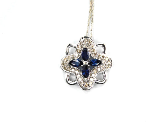 Vintage 14k White Gold Quatrefoil Sapphire Diamond Necklace, 18"-BelmarJewelers
