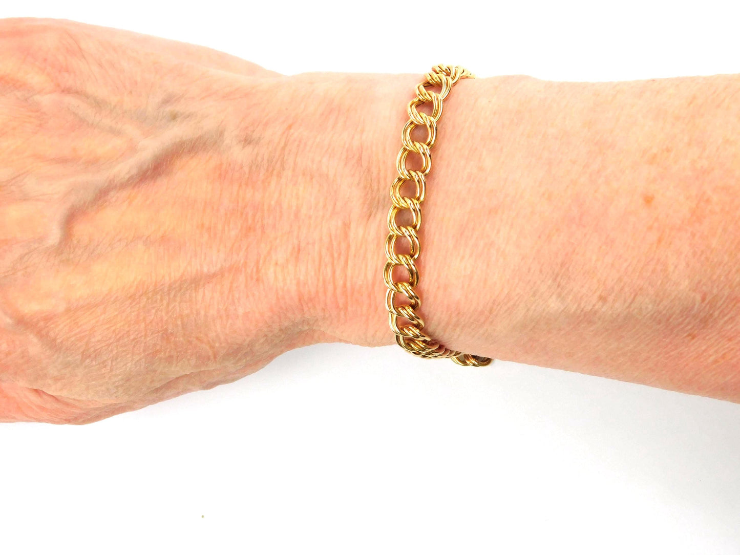 Vintage 14k Yellow Gold Double Link Charm Bracelet, 7.5"-BelmarJewelers