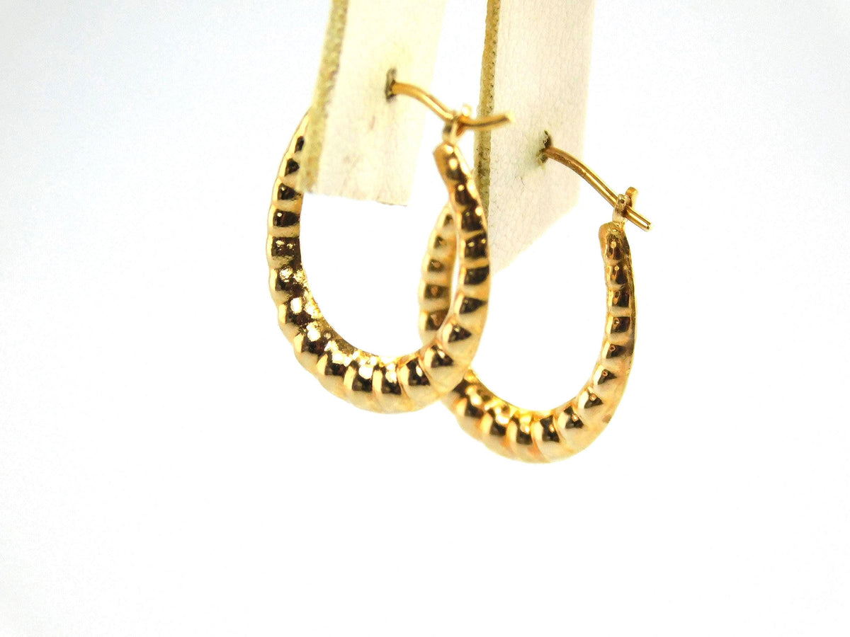 Vintage 14k Yellow Gold Oval Ribbed Hoop Earrings, 3/4" Length-BelmarJewelers