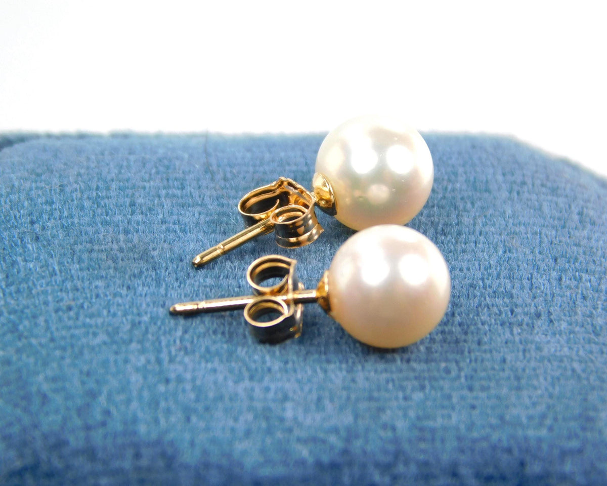 Vintage 14k Yellow Gold Pearl Stud Earrings: Bridal Jewelry, 6.75 MM-BelmarJewelers
