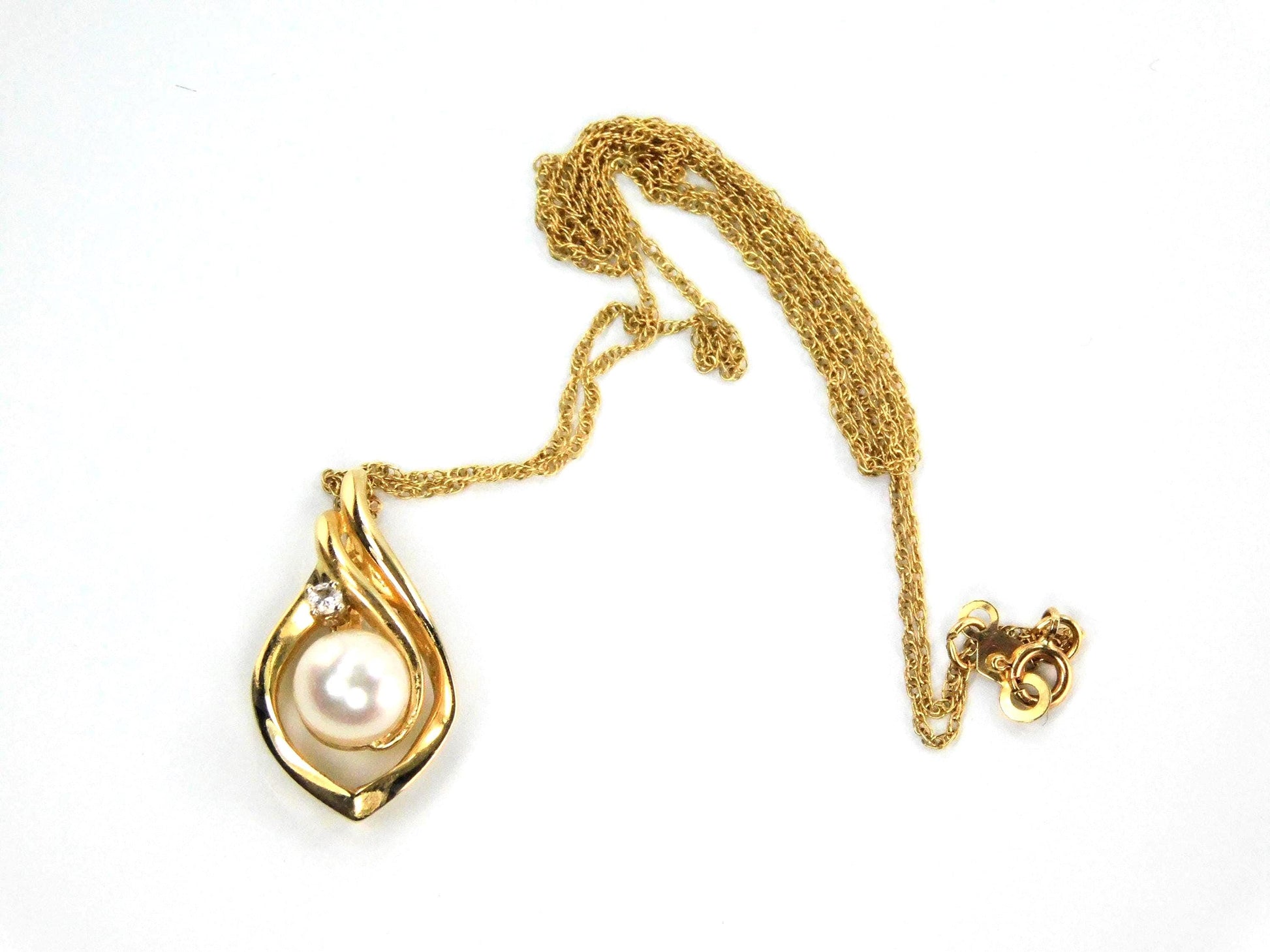 Vintage 14k Yellow Gold Cultured Pearl and Diamond Drop Necklace, 16"-BelmarJewelers