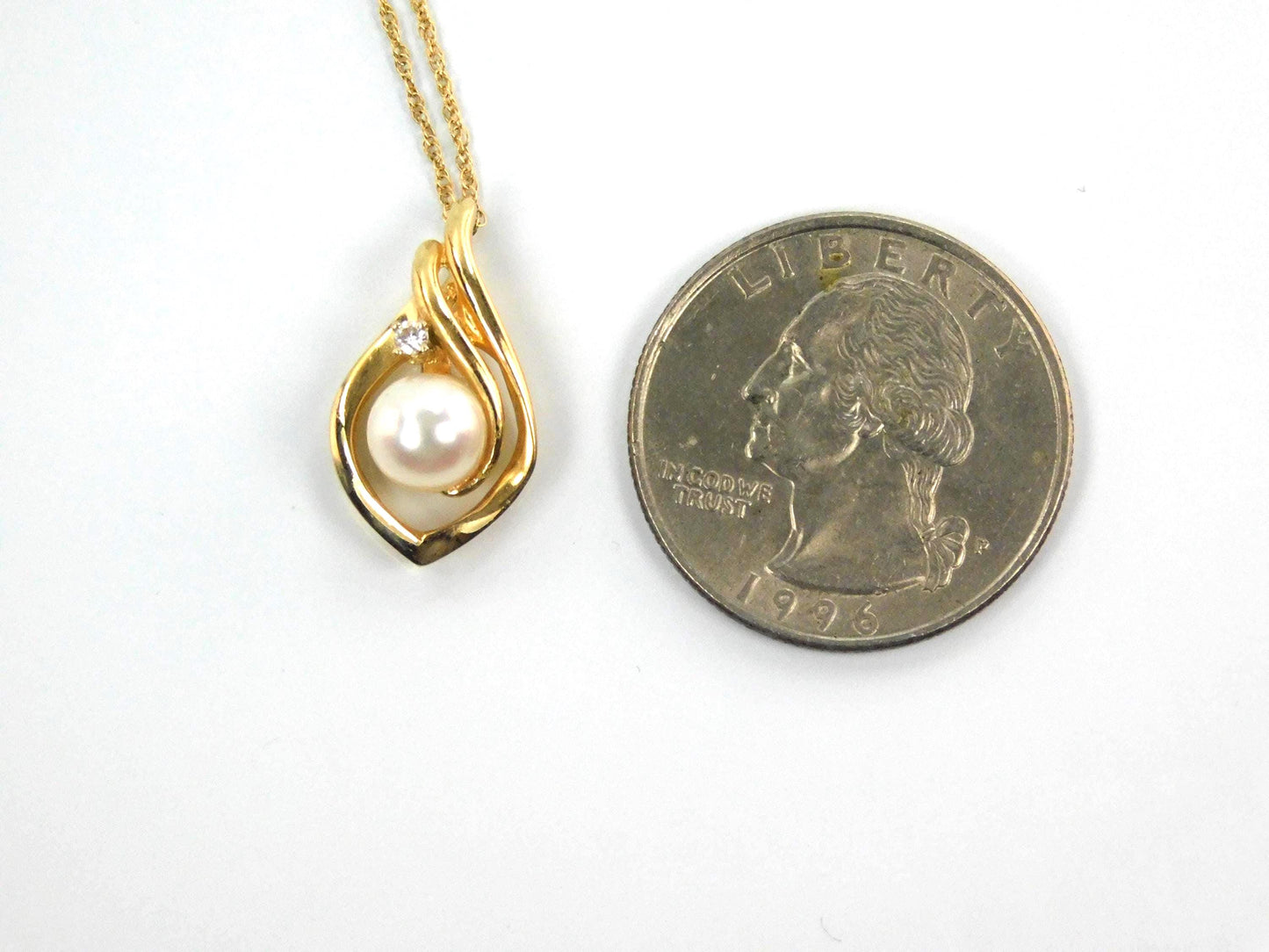Vintage 14k Yellow Gold Cultured Pearl and Diamond Drop Necklace, 16"-BelmarJewelers