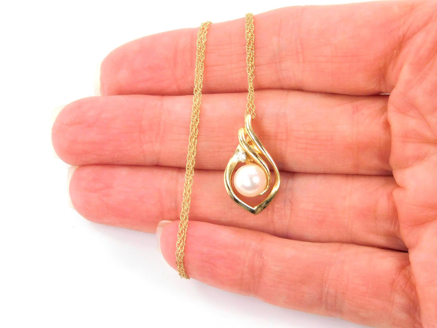 Vintage 14k Yellow Gold Cultured Pearl and Diamond Drop Necklace, 16"-BelmarJewelers