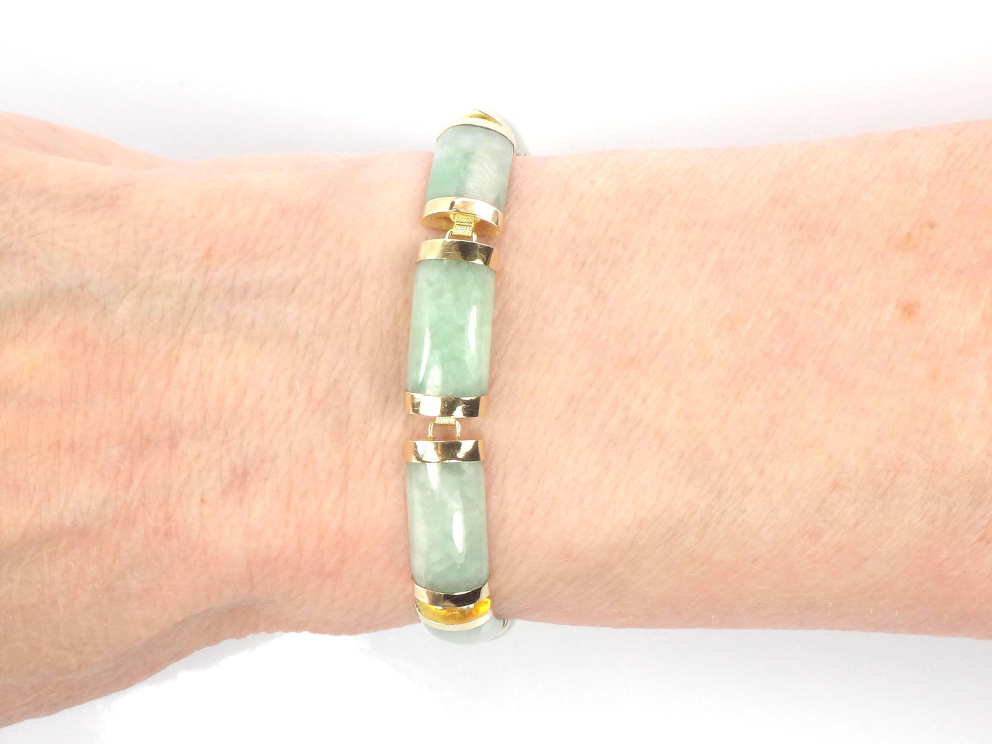 Vintage 14k Yellow Gold Green Jade Bracelet 7.25"-BelmarJewelers