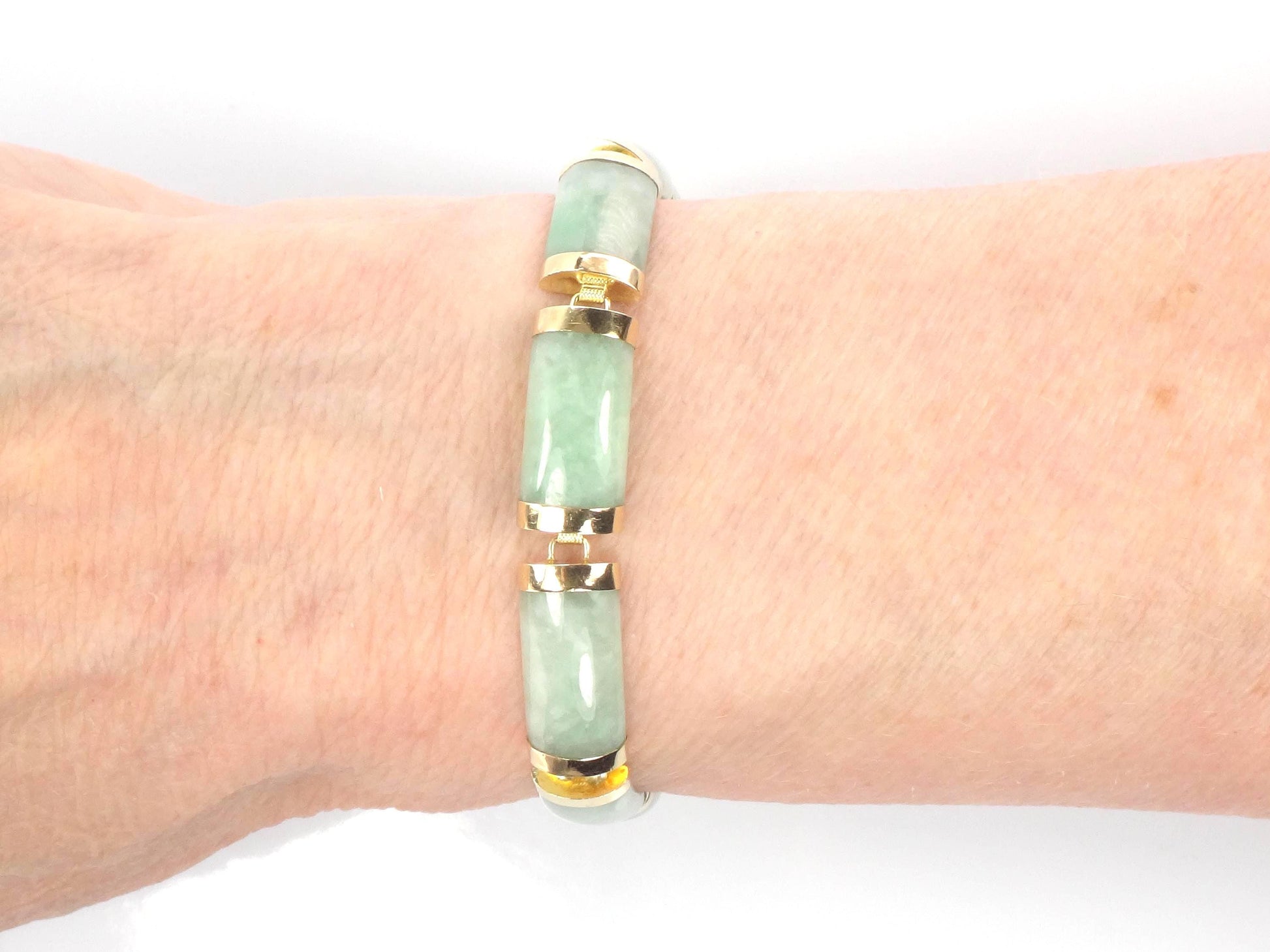 Vintage 14k Yellow Gold Green Jade Bracelet 7.25"-BelmarJewelers