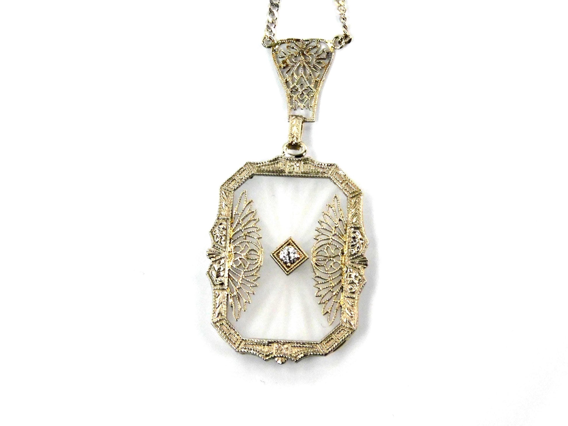 Art Deco Solid White Gold Rock Crystal Diamond Necklace 1930's-BelmarJewelers