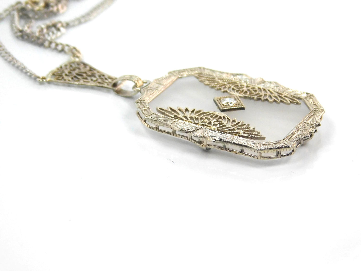 Art Deco Solid White Gold Rock Crystal Diamond Necklace 1930's-BelmarJewelers