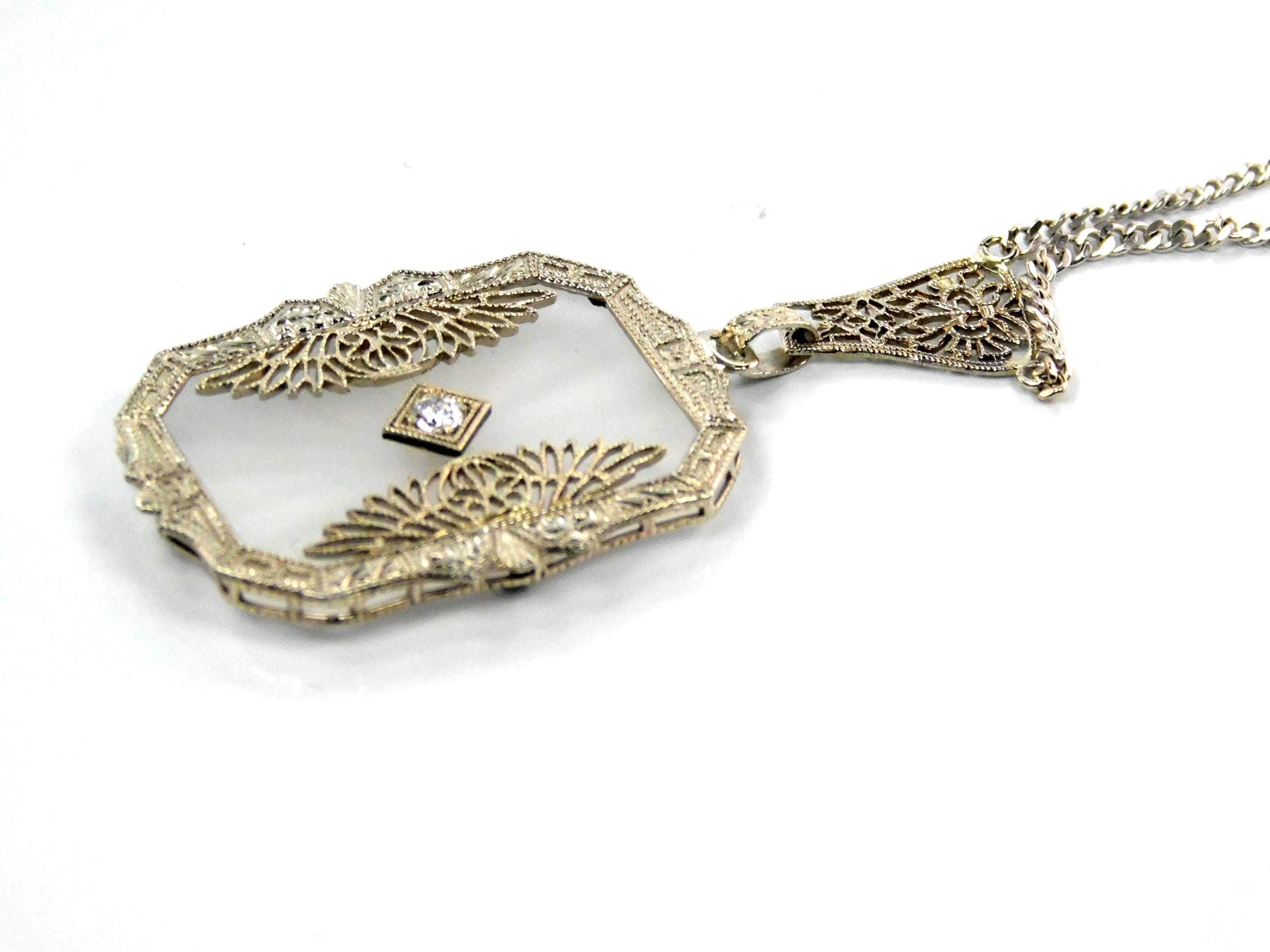 Art Deco Solid White Gold Rock Crystal Diamond Necklace 1930's-BelmarJewelers