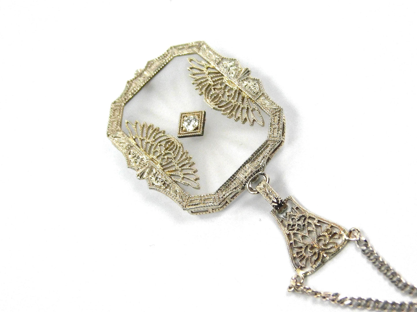 Art Deco Solid White Gold Rock Crystal Diamond Necklace 1930's-BelmarJewelers