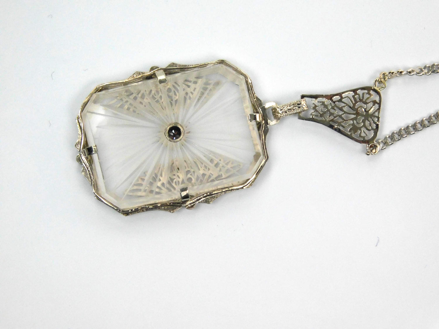 Art Deco Solid White Gold Rock Crystal Diamond Necklace 1930's-BelmarJewelers