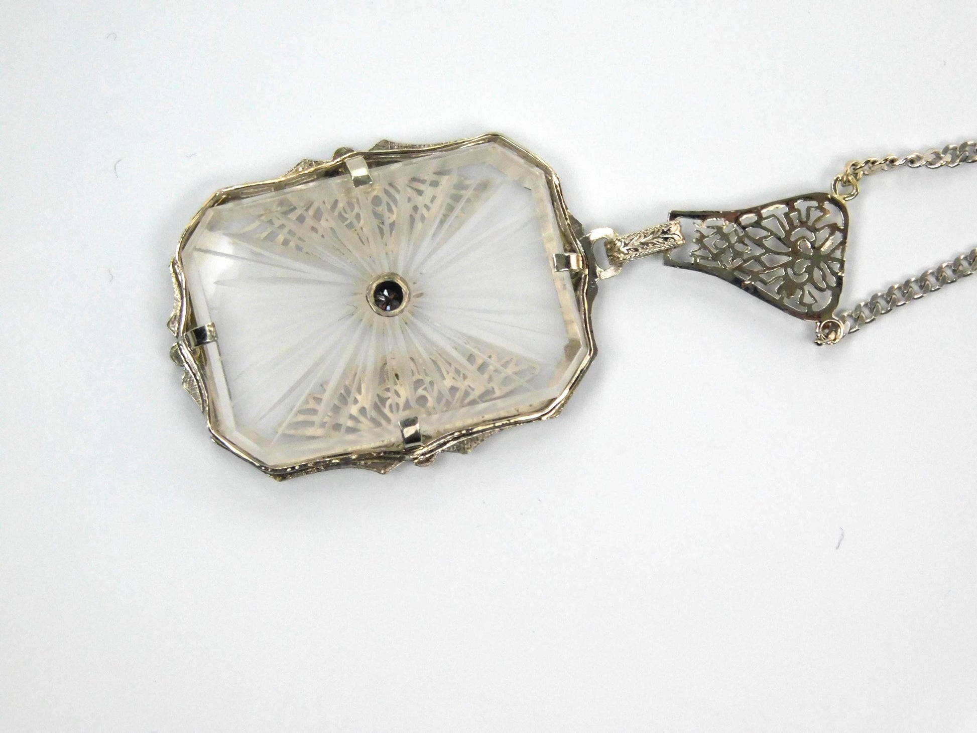 Art Deco Solid White Gold Rock Crystal Diamond Necklace 1930's-BelmarJewelers