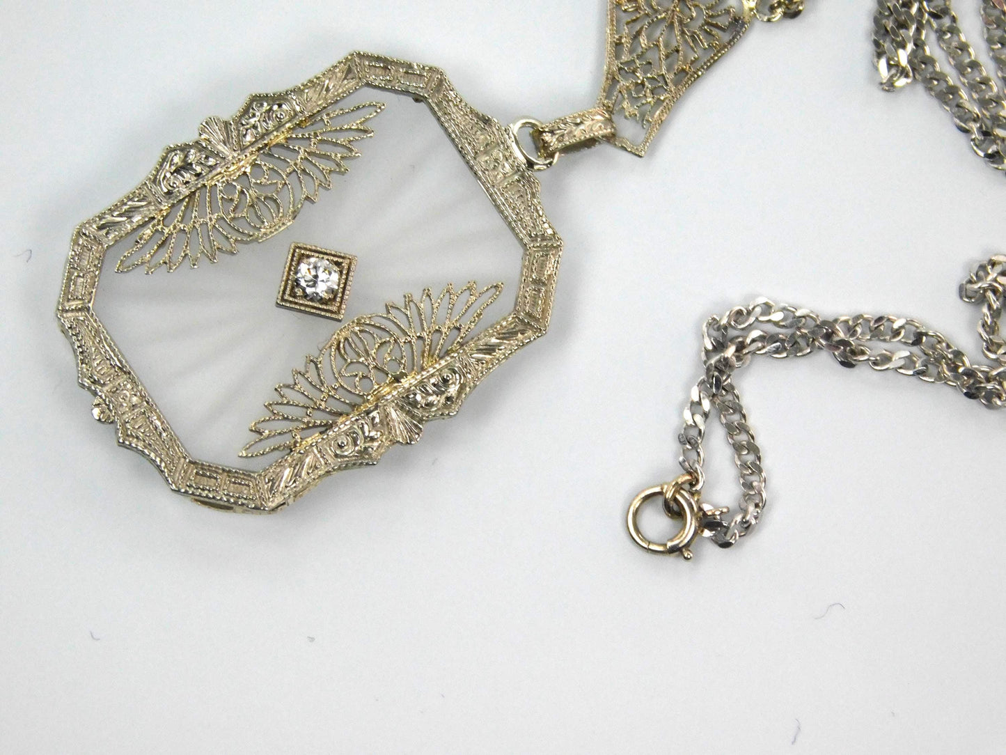 Art Deco Solid White Gold Rock Crystal Diamond Necklace 1930's-BelmarJewelers
