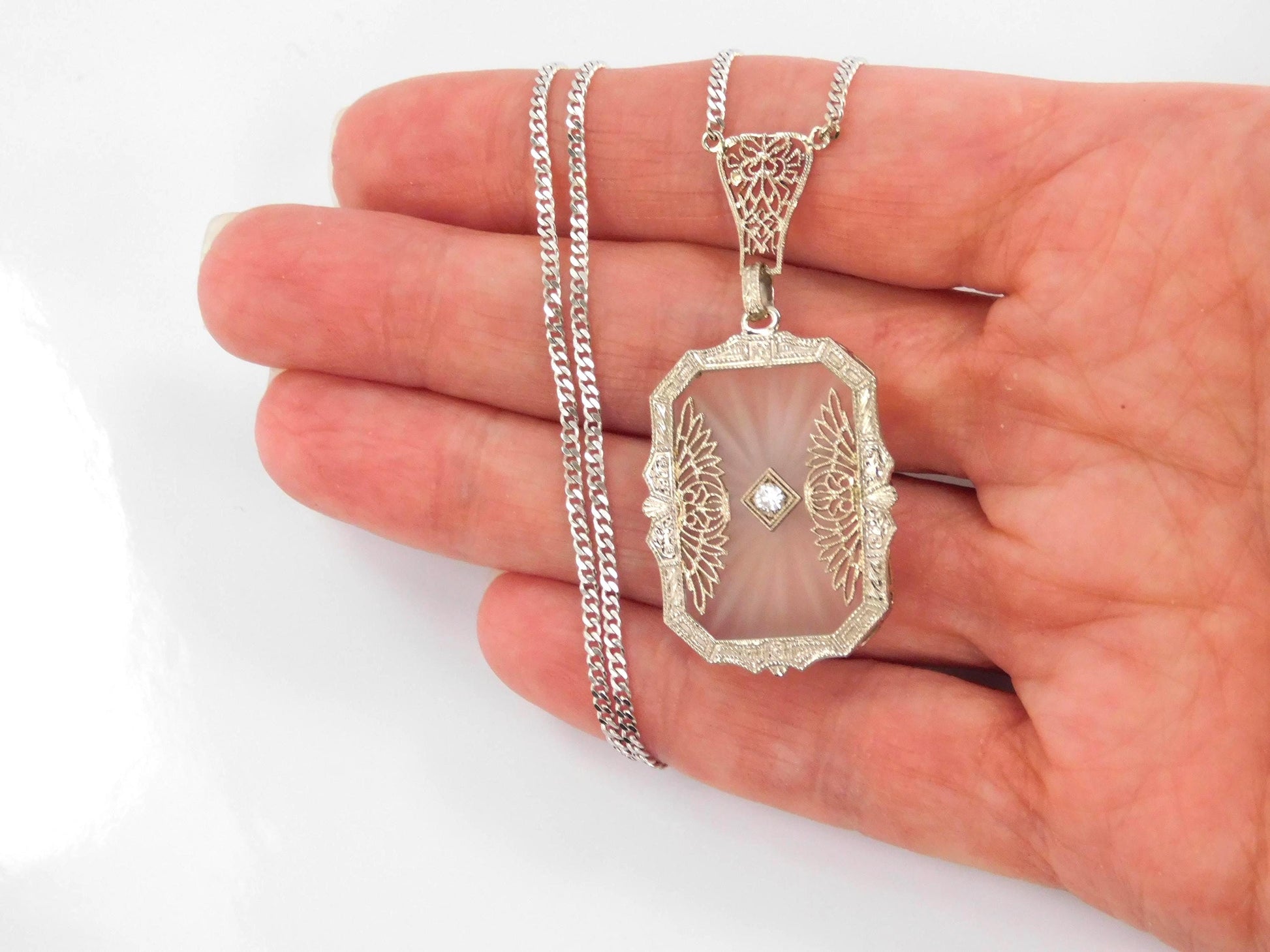Art Deco Solid White Gold Rock Crystal Diamond Necklace 1930's-BelmarJewelers