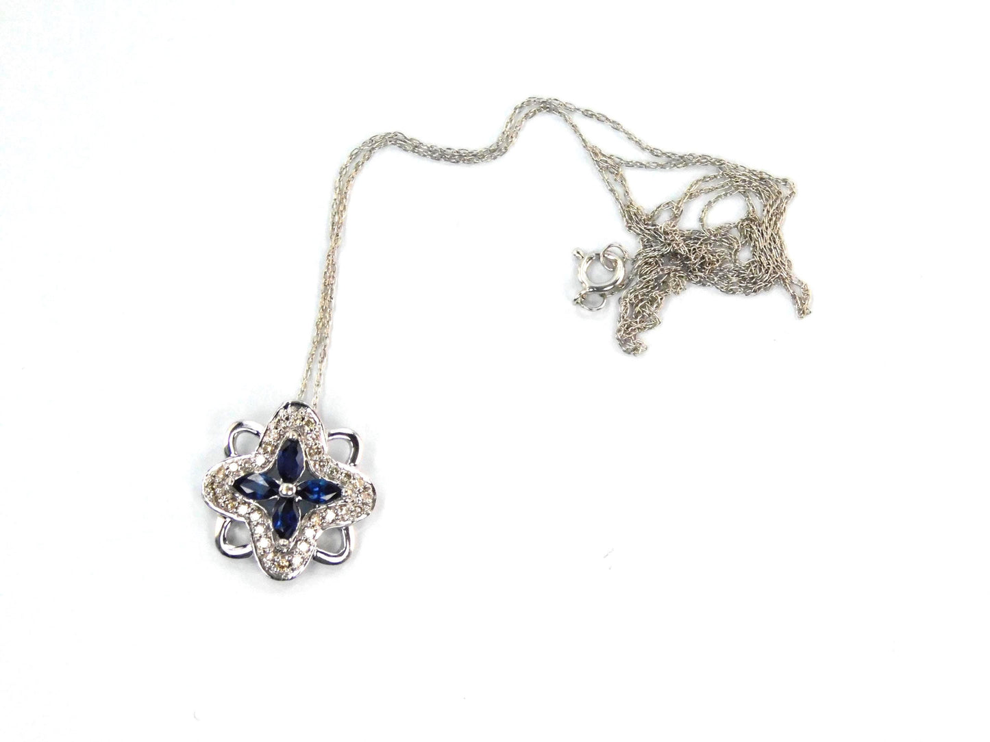 Vintage 14k White Gold Quatrefoil Sapphire Diamond Necklace, 18"-BelmarJewelers