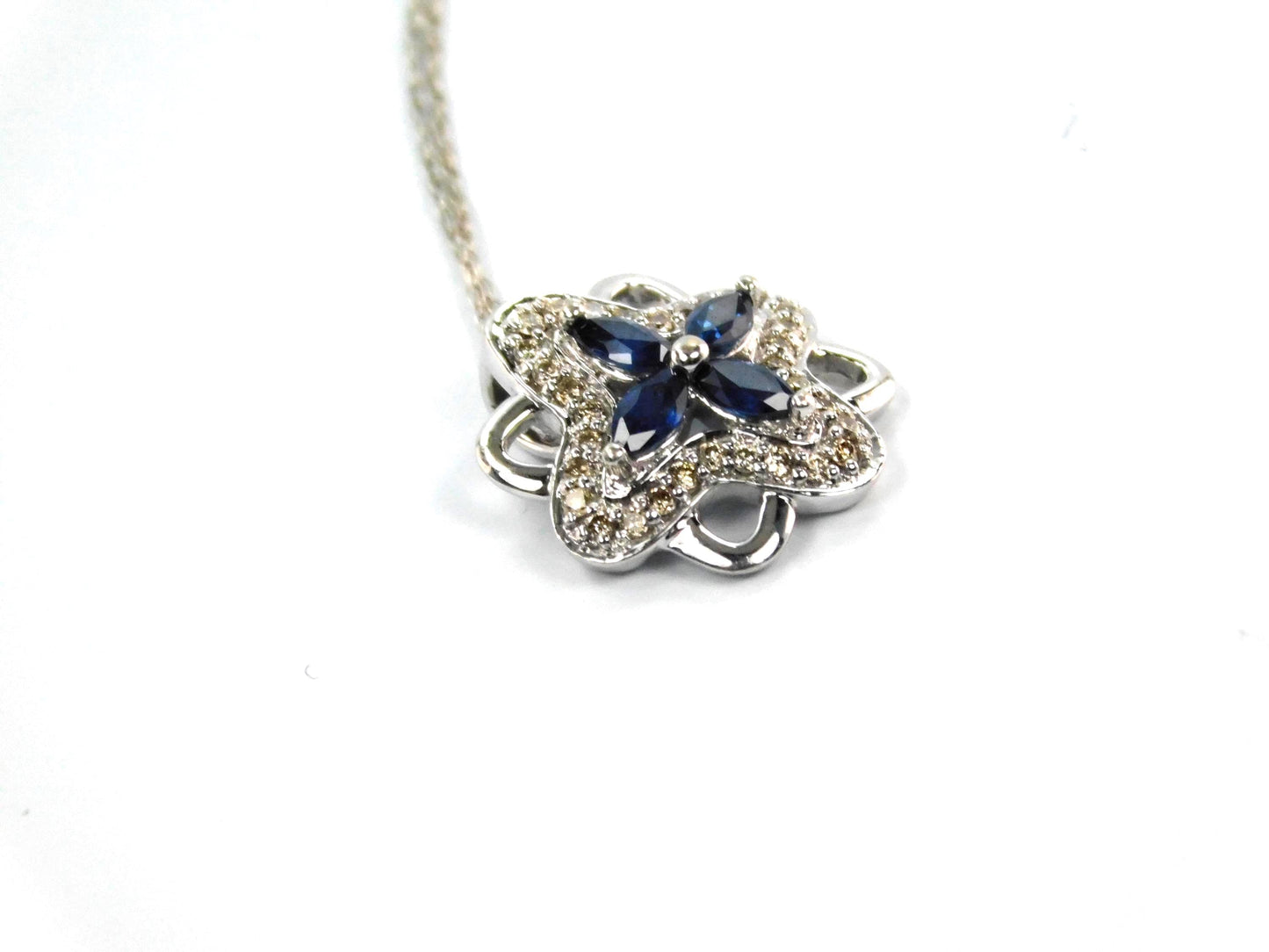 Vintage 14k White Gold Quatrefoil Sapphire Diamond Necklace, 18"-BelmarJewelers