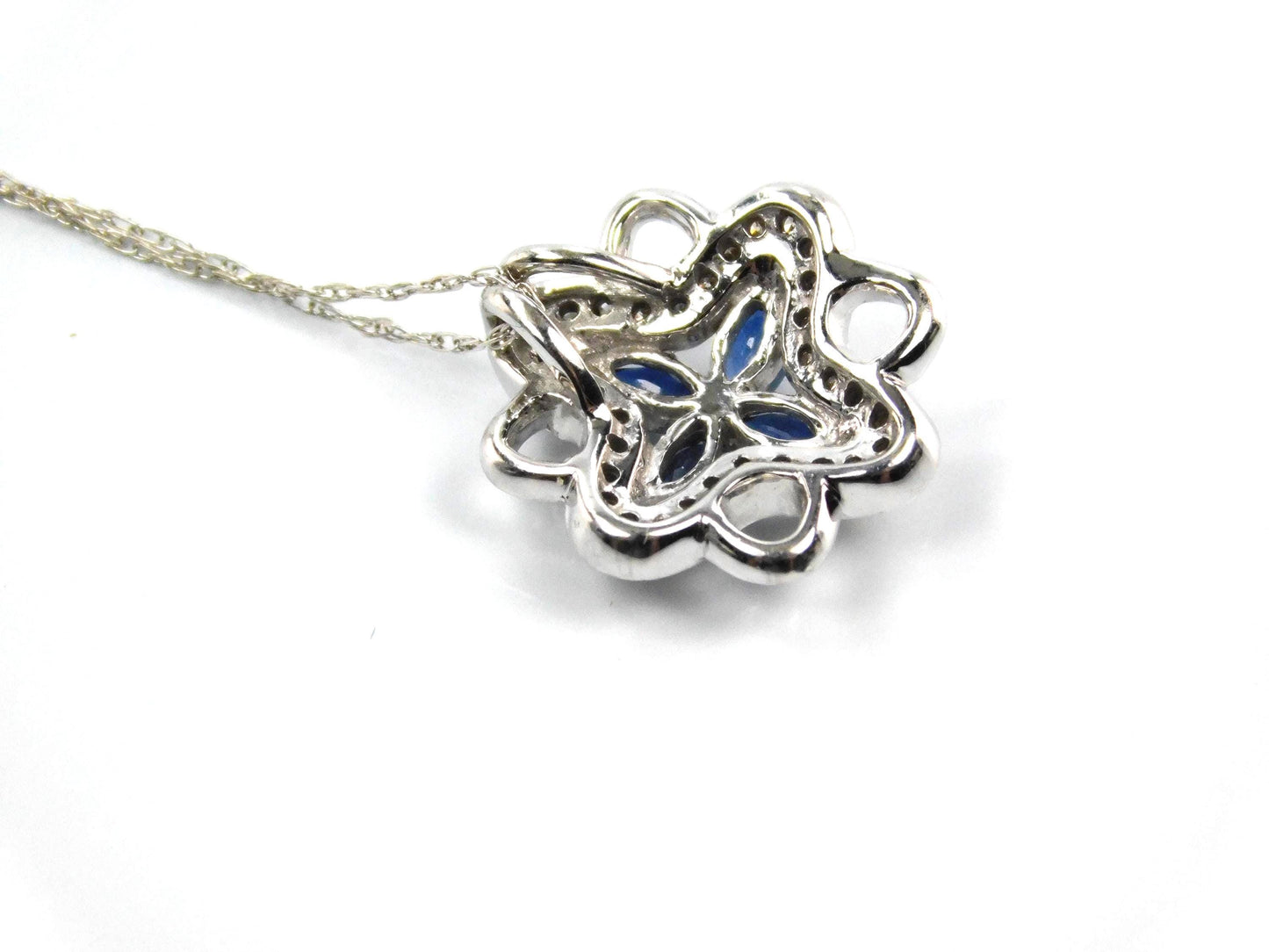 Vintage 14k White Gold Quatrefoil Sapphire Diamond Necklace, 18"-BelmarJewelers