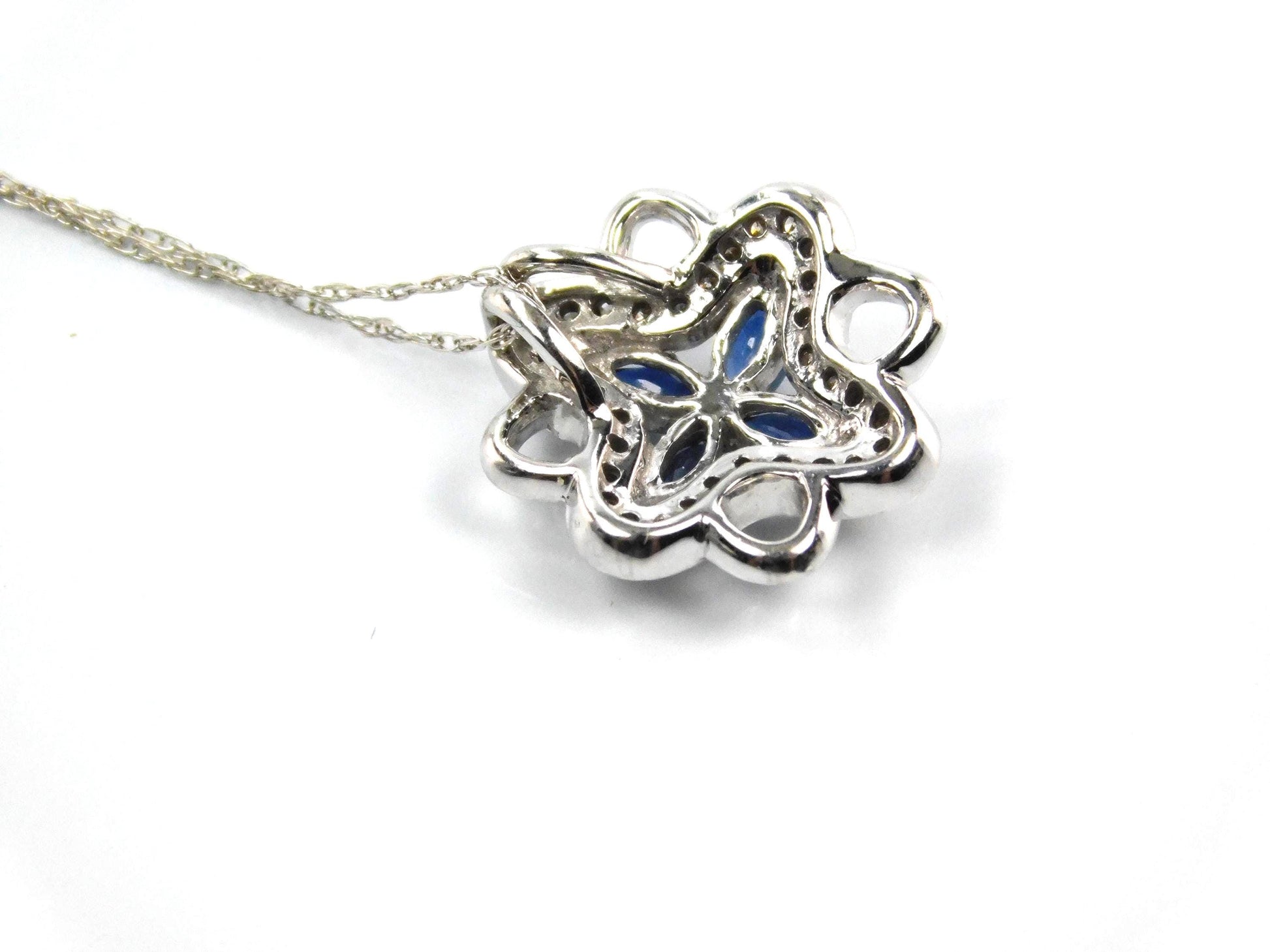 Vintage 14k White Gold Quatrefoil Sapphire Diamond Necklace, 18"-BelmarJewelers