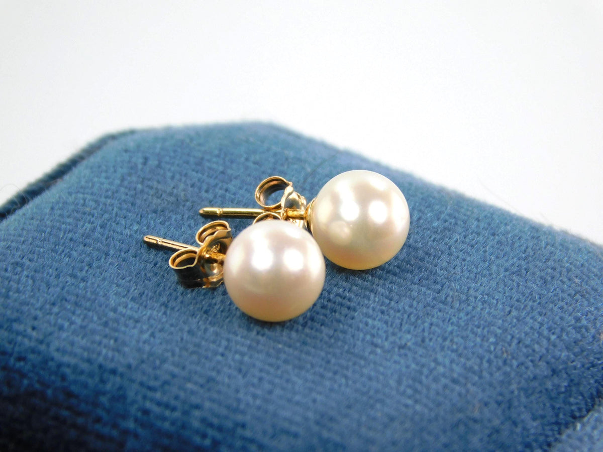 Vintage 14k Yellow Gold Pearl Stud Earrings: Bridal Jewelry, 6.75 MM-BelmarJewelers