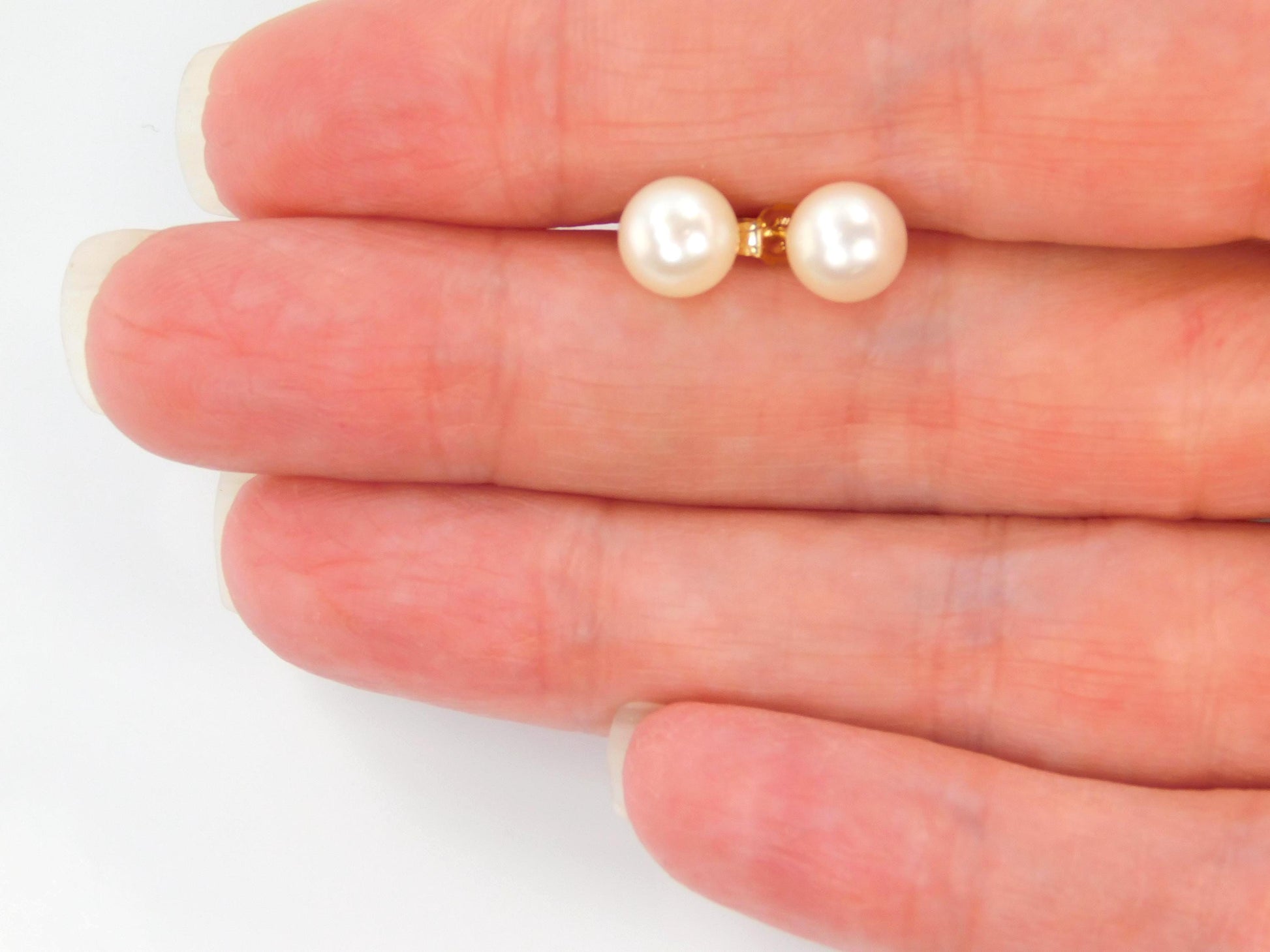 Vintage 14k Yellow Gold Pearl Stud Earrings: Bridal Jewelry, 6.75 MM-BelmarJewelers