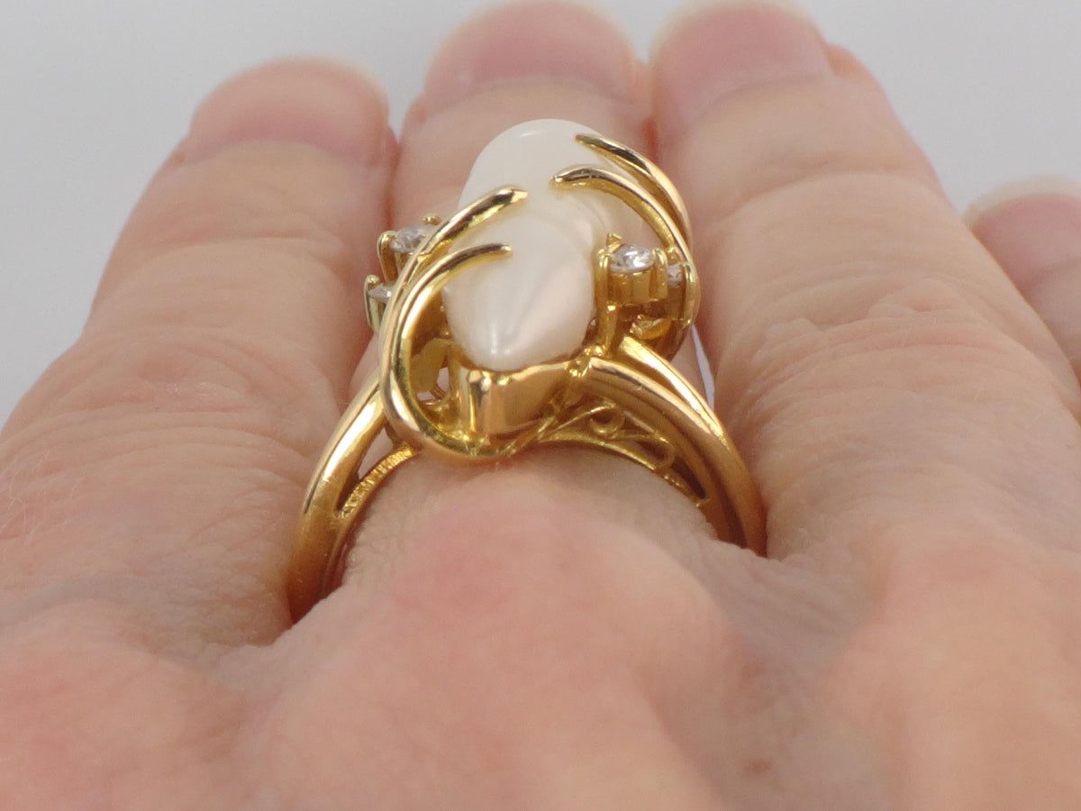 Vintage 18k Yellow Gold Baroque Pearl Diamond Ring, Size 6-BelmarJewelers