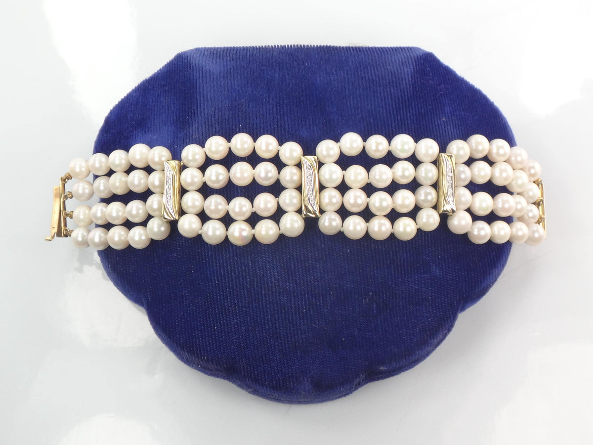 Vintage 14k Gold Pearl and Diamond Bracelet: Multi-Strand, Mid-Century Bridal Jewelry, 6 7/8"-BelmarJewelers