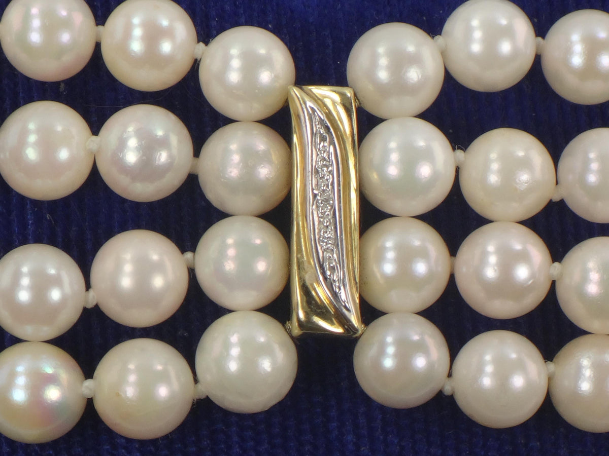 Vintage 14k Gold Pearl and Diamond Bracelet: Multi-Strand, Mid-Century Bridal Jewelry, 6 7/8"-BelmarJewelers