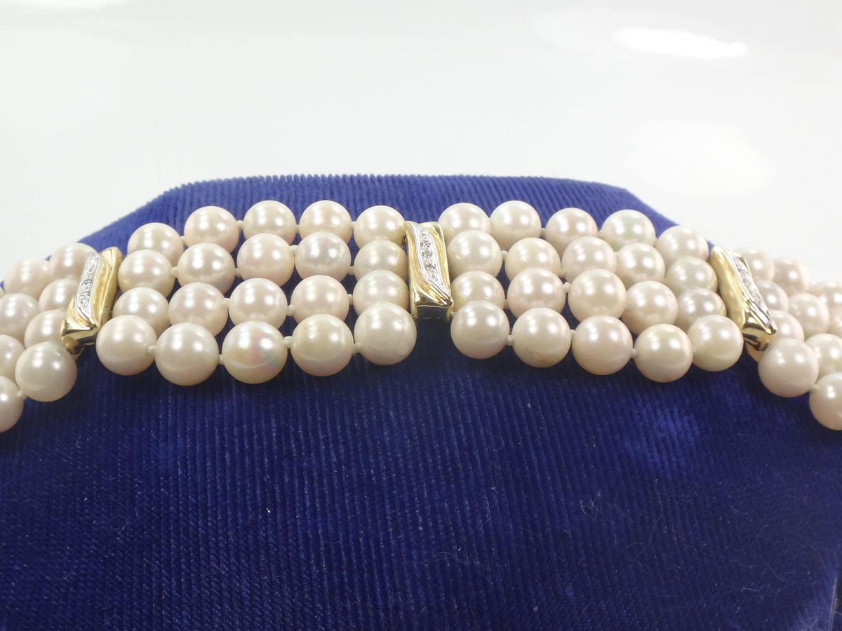 Vintage 14k Gold Pearl and Diamond Bracelet: Multi-Strand, Mid-Century Bridal Jewelry, 6 7/8"-BelmarJewelers
