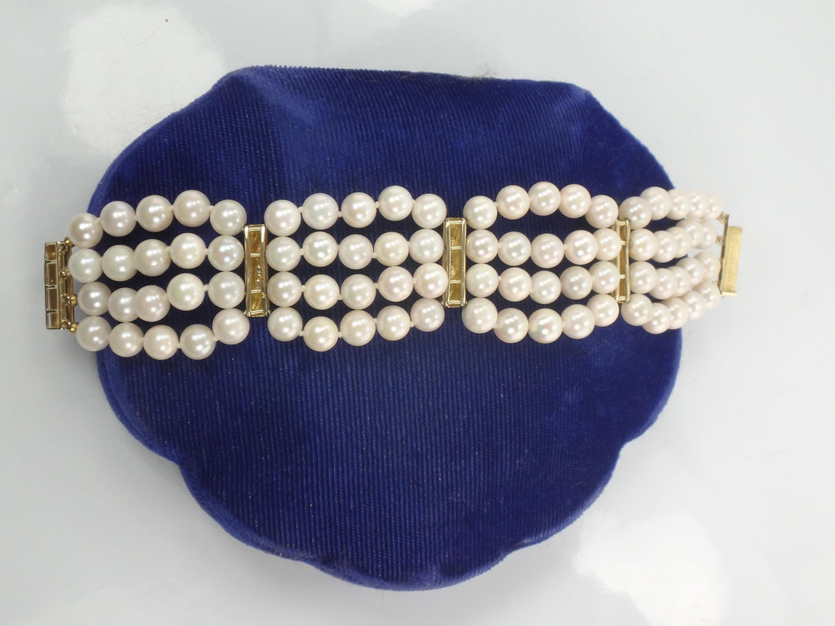 Vintage 14k Gold Pearl and Diamond Bracelet: Multi-Strand, Mid-Century Bridal Jewelry, 6 7/8"-BelmarJewelers
