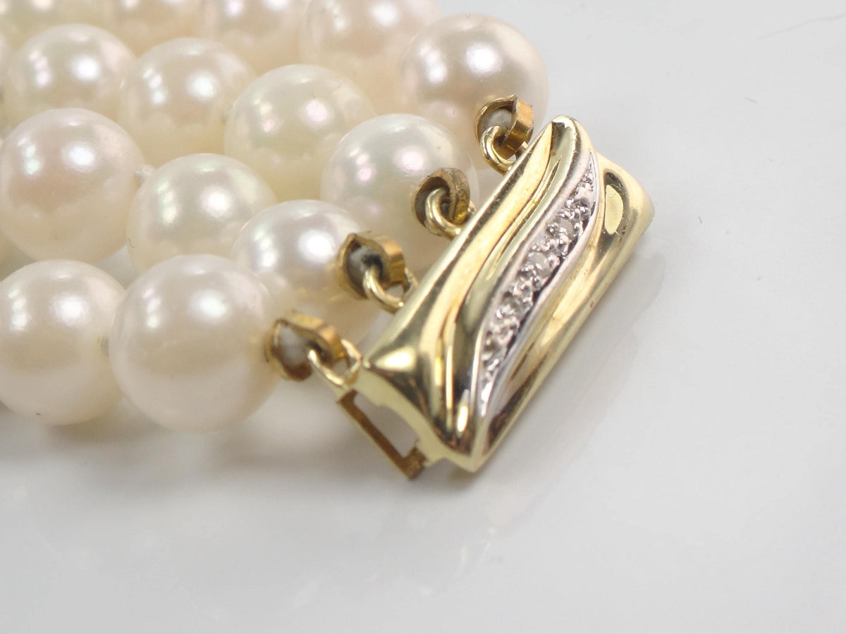 Vintage 14k Gold Pearl and Diamond Bracelet: Multi-Strand, Mid-Century Bridal Jewelry, 6 7/8"-BelmarJewelers