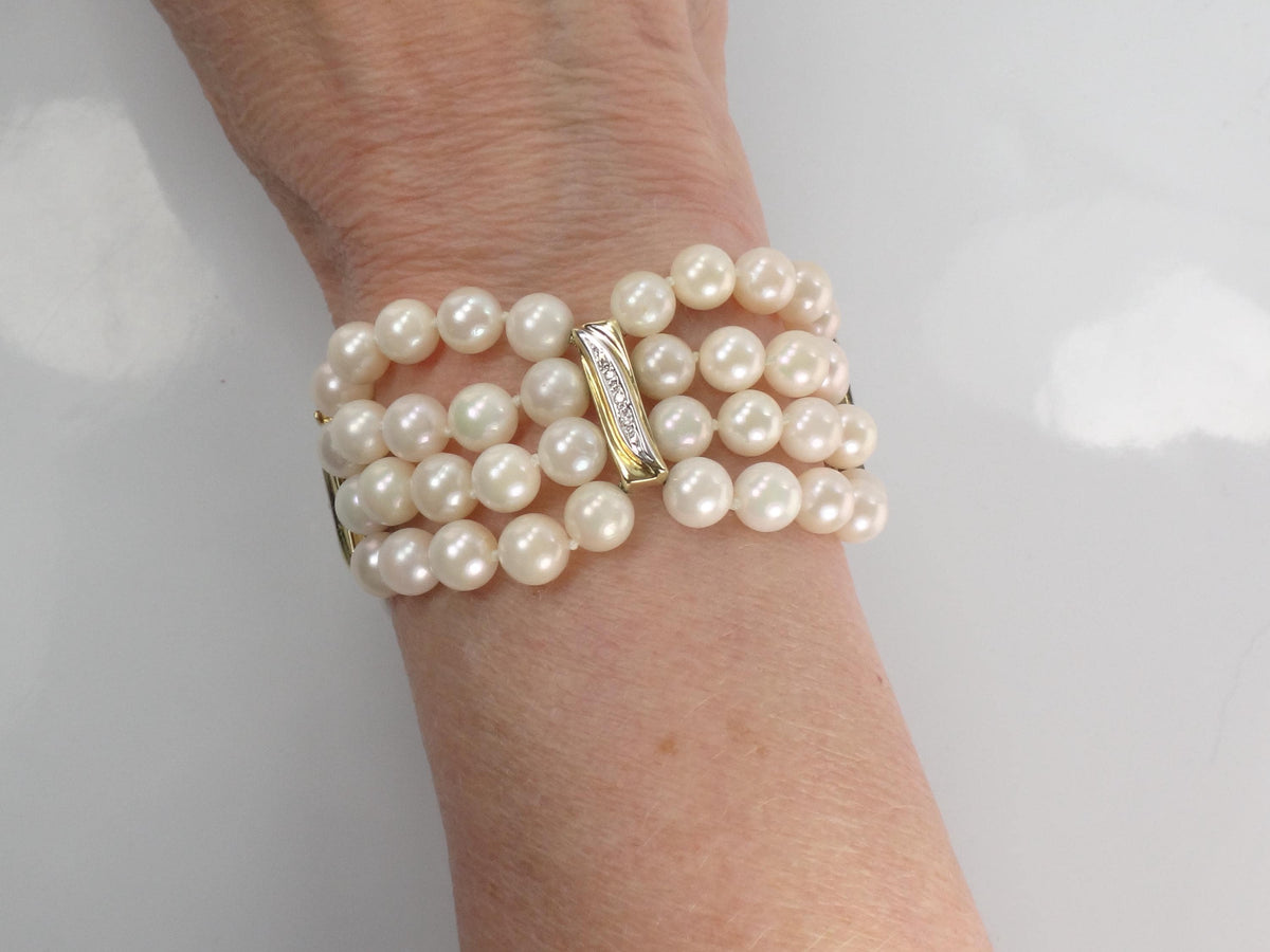 Vintage 14k Gold Pearl and Diamond Bracelet: Multi-Strand, Mid-Century Bridal Jewelry, 6 7/8"-BelmarJewelers