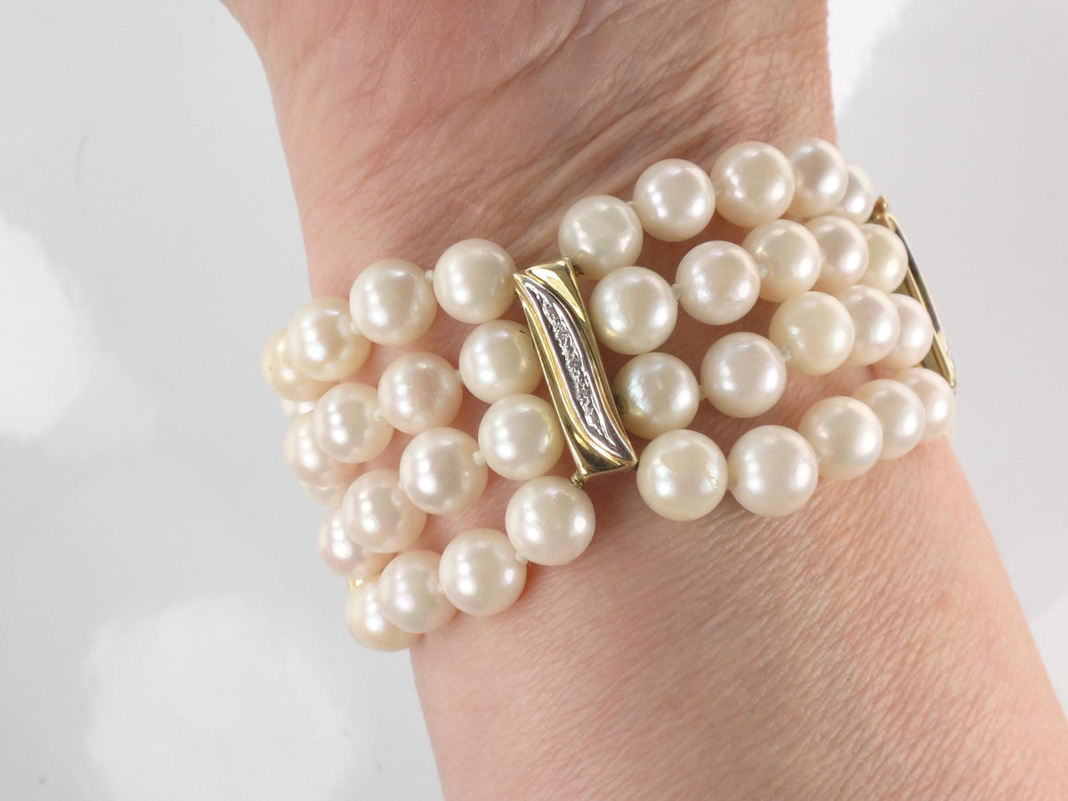 Vintage 14k Gold Pearl and Diamond Bracelet: Multi-Strand, Mid-Century Bridal Jewelry, 6 7/8"-BelmarJewelers