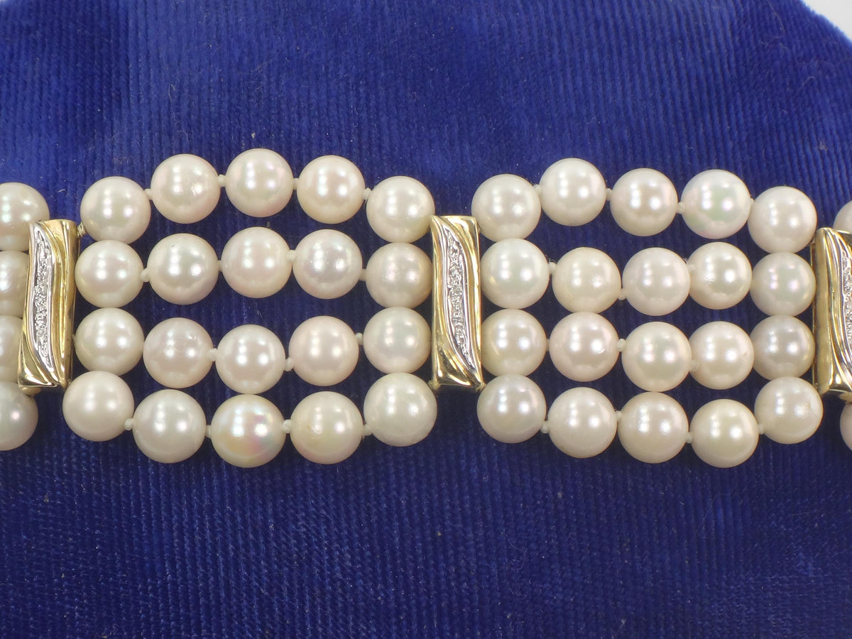 Vintage 14k Gold Pearl and Diamond Bracelet: Multi-Strand, Mid-Century Bridal Jewelry, 6 7/8"-BelmarJewelers