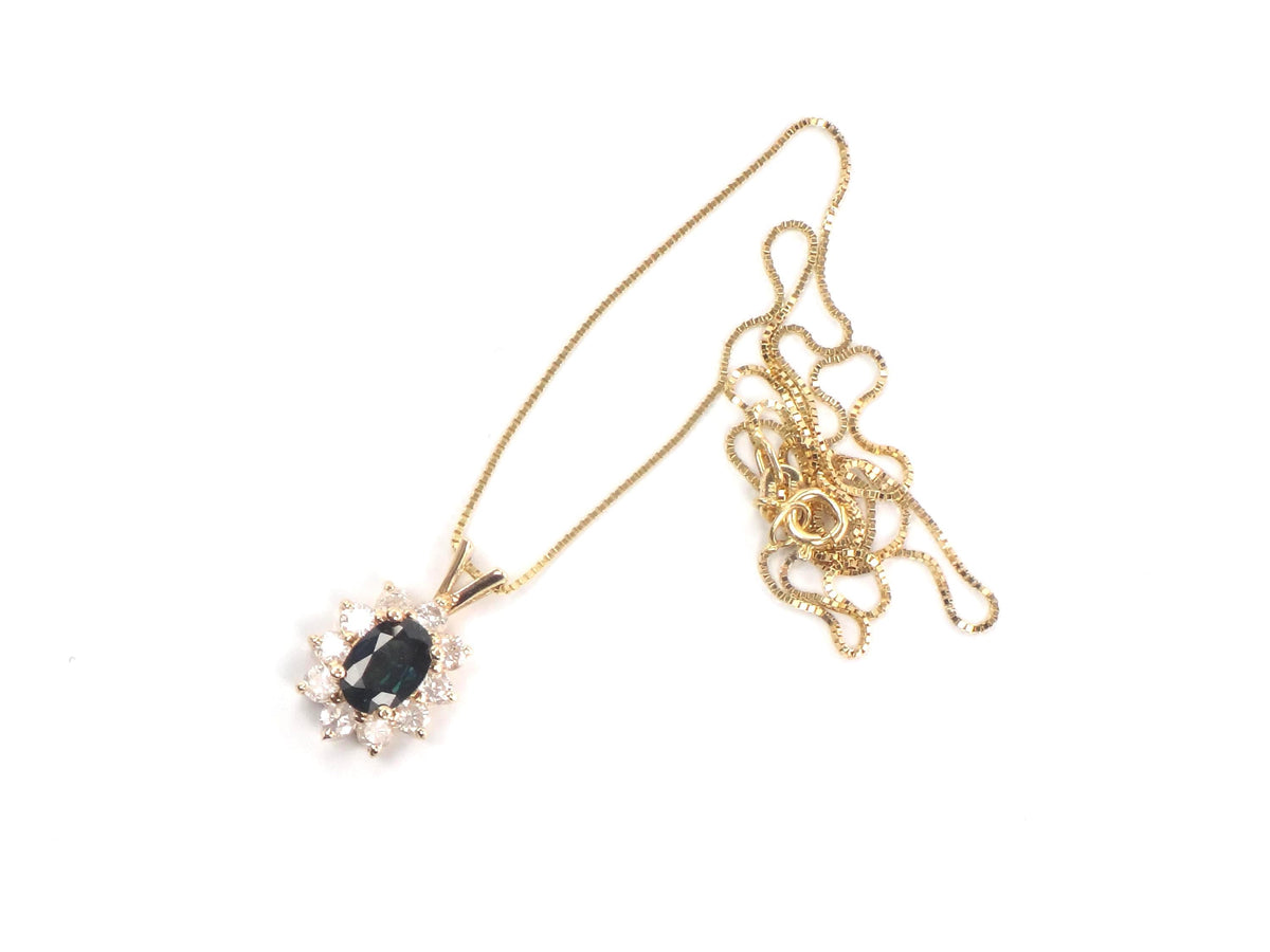 Vintage 14kYellow Gold Sapphire Diamond Halo Pendant Necklace 16"-BelmarJewelers