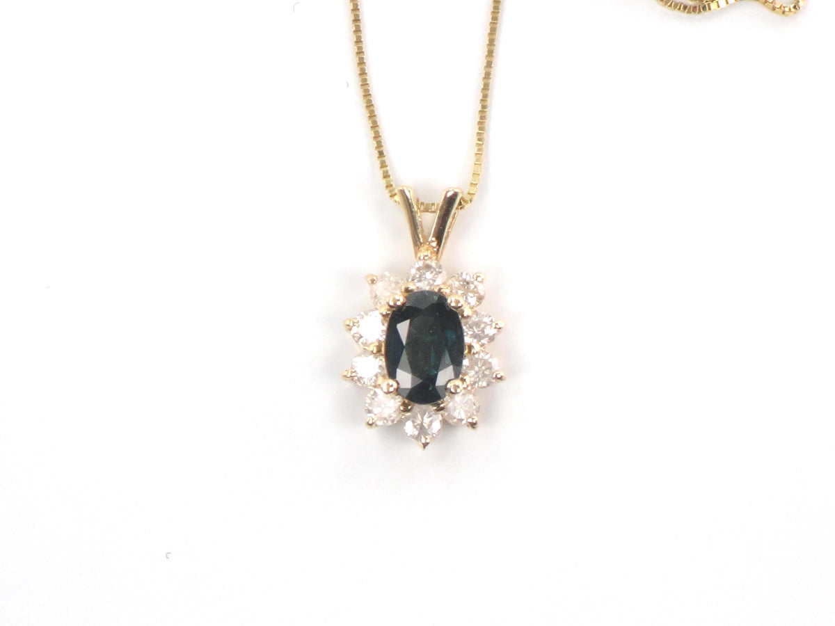 Vintage 14kYellow Gold Sapphire Diamond Halo Pendant Necklace 16"-BelmarJewelers