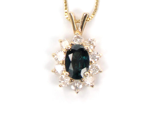 Vintage 14kYellow Gold Sapphire Diamond Halo Pendant Necklace 16"-BelmarJewelers