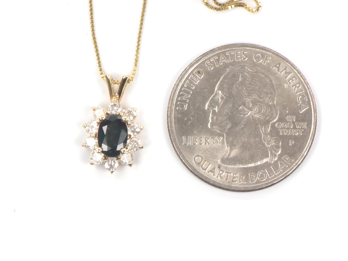 Vintage 14kYellow Gold Sapphire Diamond Halo Pendant Necklace 16"-BelmarJewelers