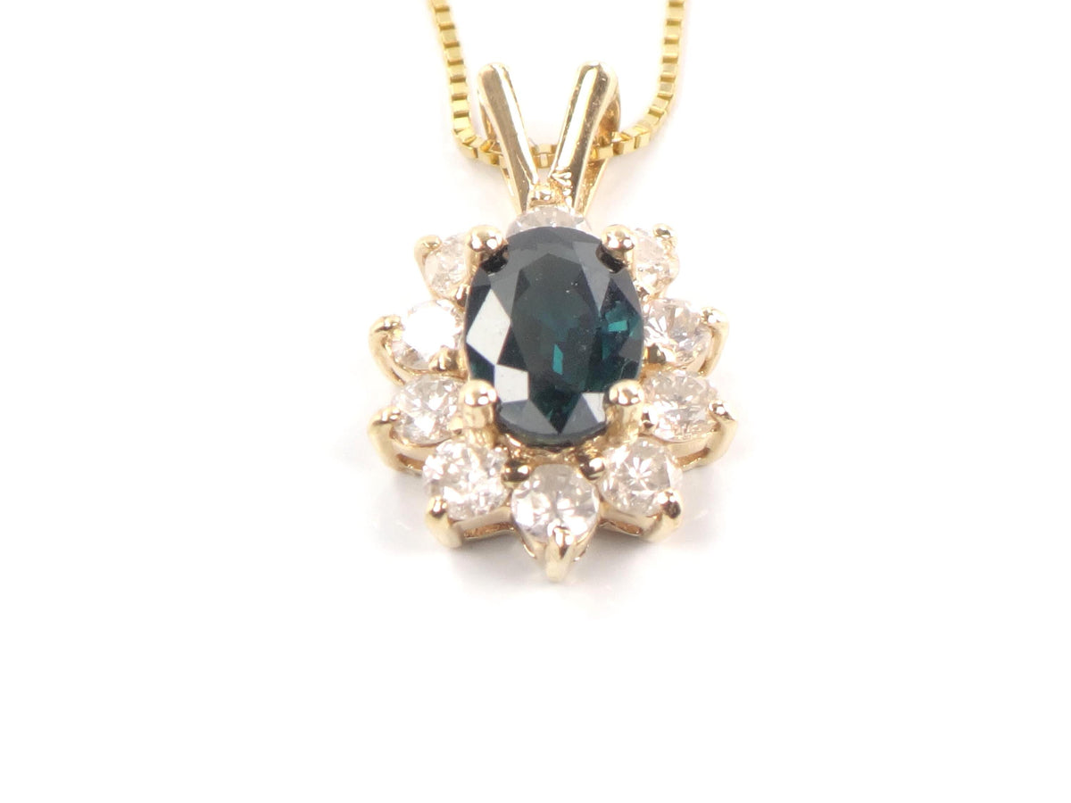 Vintage 14kYellow Gold Sapphire Diamond Halo Pendant Necklace 16"-BelmarJewelers