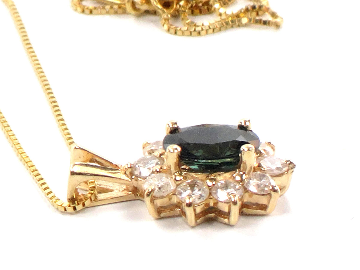 Vintage 14kYellow Gold Sapphire Diamond Halo Pendant Necklace 16"-BelmarJewelers