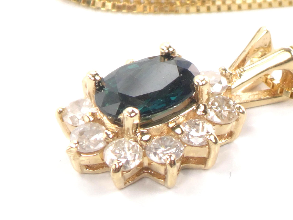 Vintage 14kYellow Gold Sapphire Diamond Halo Pendant Necklace 16"-BelmarJewelers