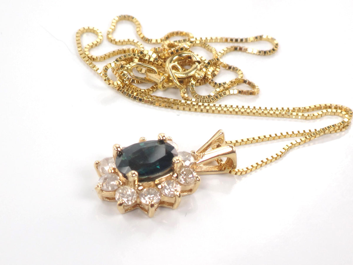 Vintage 14kYellow Gold Sapphire Diamond Halo Pendant Necklace 16"-BelmarJewelers