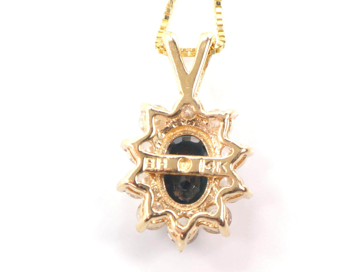 Vintage 14kYellow Gold Sapphire Diamond Halo Pendant Necklace 16"-BelmarJewelers